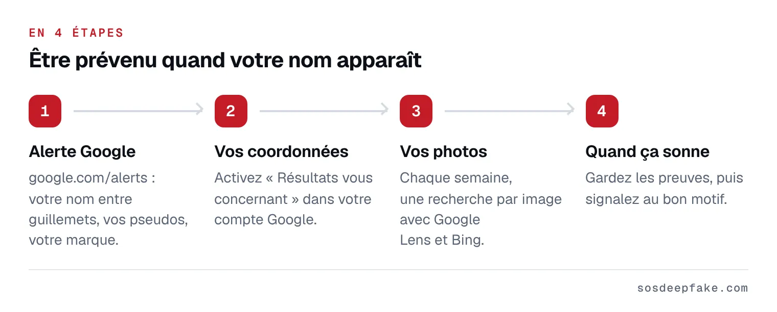 Être prévenu quand votre nom apparaît. En 4 étapes : 1. Alerte Google. google.com/alerts : votre nom entre guillemets, vos pseudos, votre marque. 2. Vos coordonnées. Activez « Résultats vous concernant » dans votre compte Google. 3. Vos photos. Chaque semaine, une recherche par image avec Google Lens et Bing. 4. Quand ça sonne. Gardez les preuves, puis signalez au bon motif.