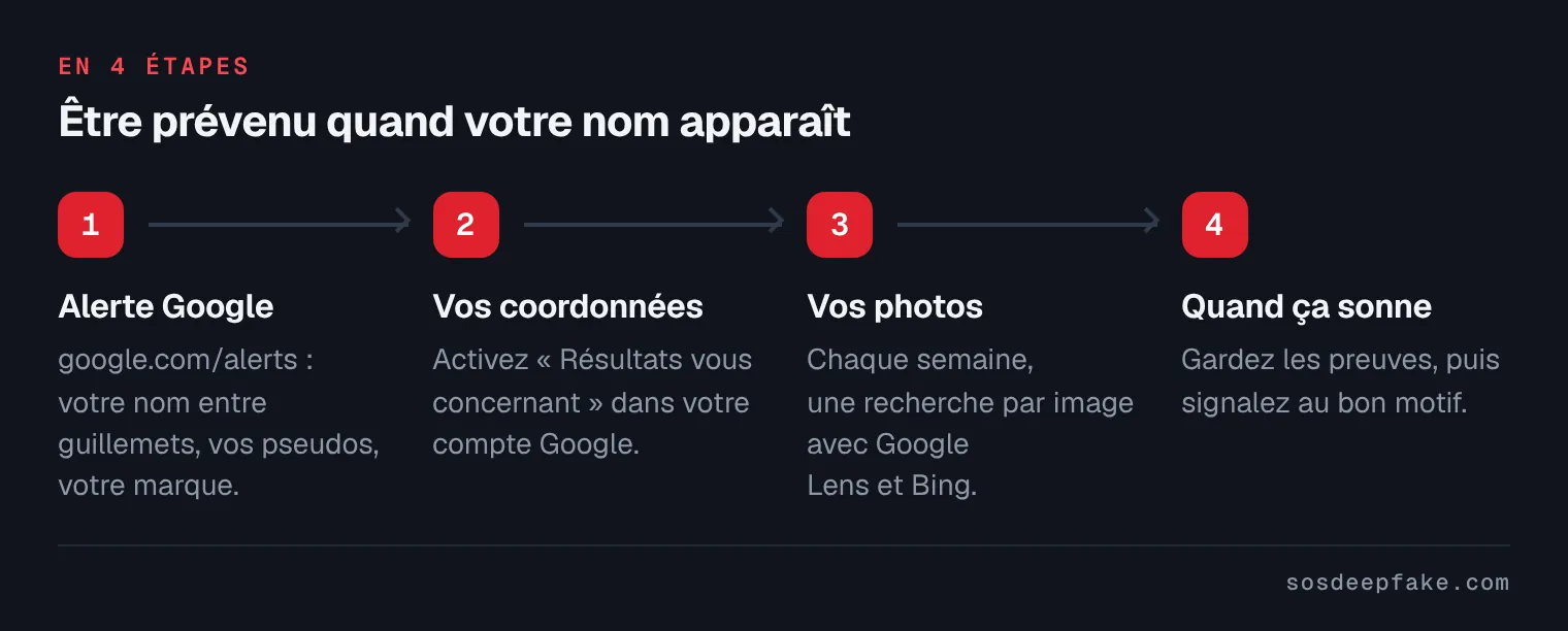 Être prévenu quand votre nom apparaît. En 4 étapes : 1. Alerte Google. google.com/alerts : votre nom entre guillemets, vos pseudos, votre marque. 2. Vos coordonnées. Activez « Résultats vous concernant » dans votre compte Google. 3. Vos photos. Chaque semaine, une recherche par image avec Google Lens et Bing. 4. Quand ça sonne. Gardez les preuves, puis signalez au bon motif.