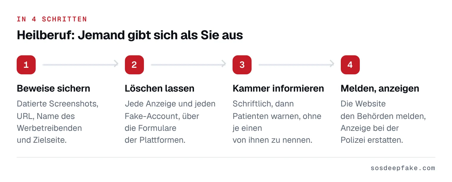 Heilberuf: Jemand gibt sich als Sie aus. In 4 Schritten: 1. Beweise sichern. Datierte Screenshots, URL, Name des Werbetreibenden und Zielseite. 2. Löschen lassen. Jede Anzeige und jeden Fake-Account, über die Formulare der Plattformen. 3. Kammer informieren. Schriftlich, dann Patienten warnen, ohne je einen von ihnen zu nennen. 4. Melden, anzeigen. Die Website den Behörden melden, Anzeige bei der Polizei erstatten.