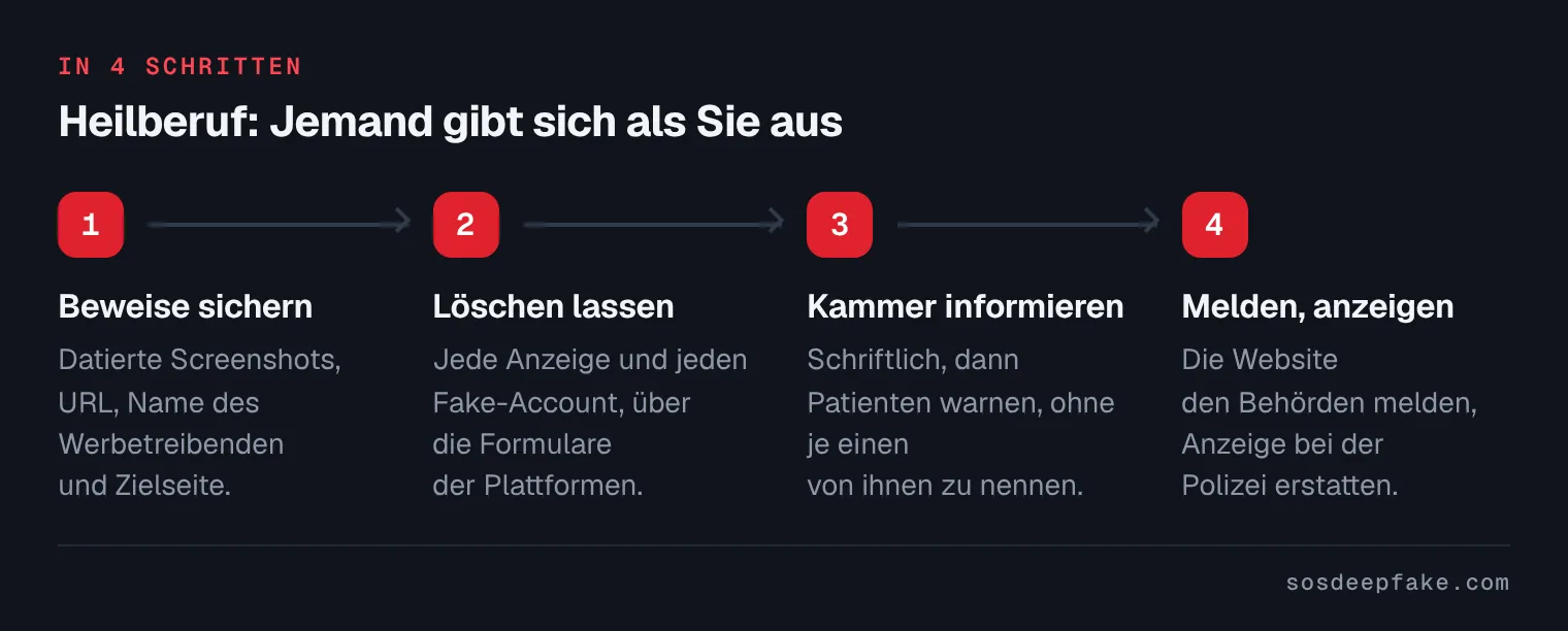 Heilberuf: Jemand gibt sich als Sie aus. In 4 Schritten: 1. Beweise sichern. Datierte Screenshots, URL, Name des Werbetreibenden und Zielseite. 2. Löschen lassen. Jede Anzeige und jeden Fake-Account, über die Formulare der Plattformen. 3. Kammer informieren. Schriftlich, dann Patienten warnen, ohne je einen von ihnen zu nennen. 4. Melden, anzeigen. Die Website den Behörden melden, Anzeige bei der Polizei erstatten.