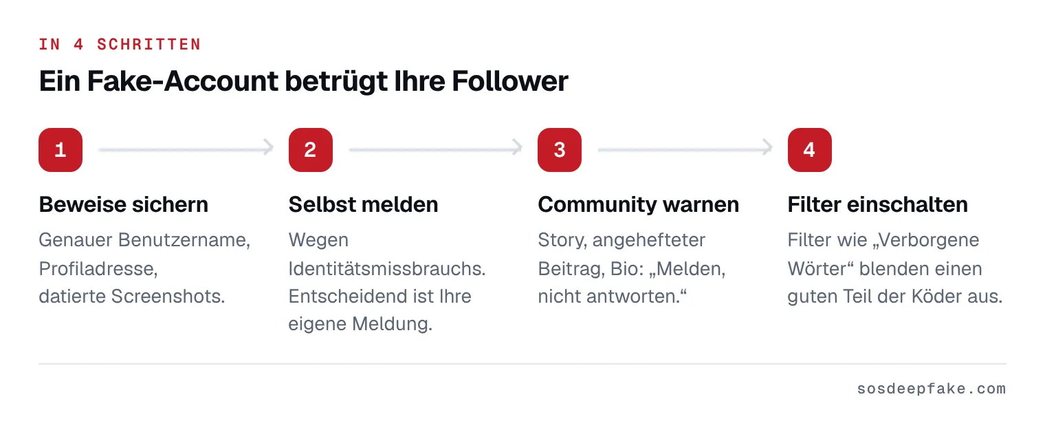 Ein Fake-Account betrügt Ihre Follower. In 4 Schritten: 1. Beweise sichern. Genauer Benutzername, Profiladresse, datierte Screenshots. 2. Selbst melden. Wegen Identitätsmissbrauchs. Entscheidend ist Ihre eigene Meldung. 3. Community warnen. Story, angehefteter Beitrag, Bio: „Melden, nicht antworten.“. 4. Filter einschalten. Filter wie „Verborgene Wörter“ blenden einen guten Teil der Köder aus.