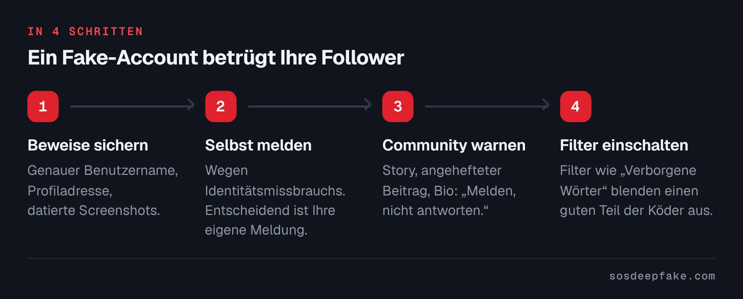 Ein Fake-Account betrügt Ihre Follower. In 4 Schritten: 1. Beweise sichern. Genauer Benutzername, Profiladresse, datierte Screenshots. 2. Selbst melden. Wegen Identitätsmissbrauchs. Entscheidend ist Ihre eigene Meldung. 3. Community warnen. Story, angehefteter Beitrag, Bio: „Melden, nicht antworten.“. 4. Filter einschalten. Filter wie „Verborgene Wörter“ blenden einen guten Teil der Köder aus.