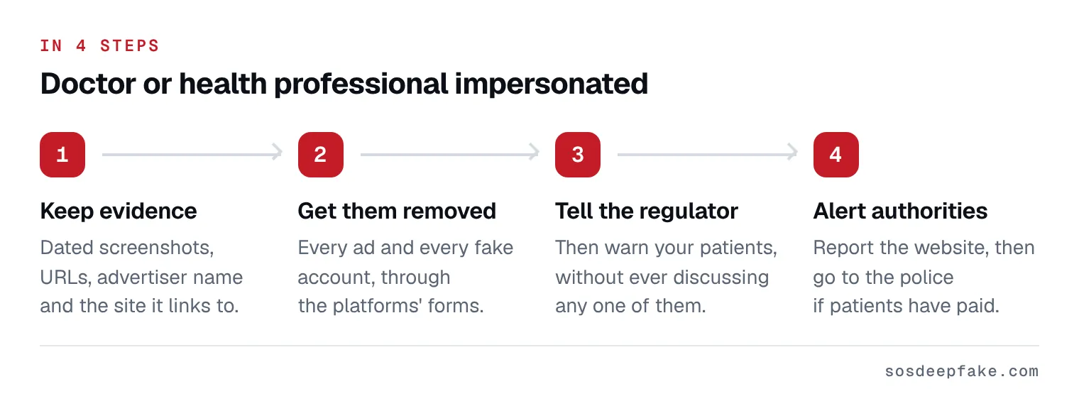 Doctor or health professional impersonated. In 4 steps: 1. Keep evidence. Dated screenshots, URLs, advertiser name and the site it links to. 2. Get them removed. Every ad and every fake account, through the platforms' forms. 3. Tell the regulator. Then warn your patients, without ever discussing any one of them. 4. Alert authorities. Report the website, then go to the police if patients have paid.