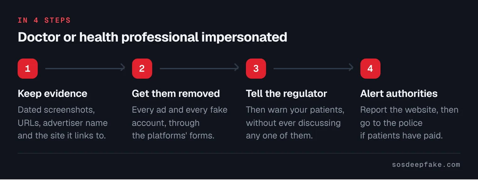 Doctor or health professional impersonated. In 4 steps: 1. Keep evidence. Dated screenshots, URLs, advertiser name and the site it links to. 2. Get them removed. Every ad and every fake account, through the platforms' forms. 3. Tell the regulator. Then warn your patients, without ever discussing any one of them. 4. Alert authorities. Report the website, then go to the police if patients have paid.