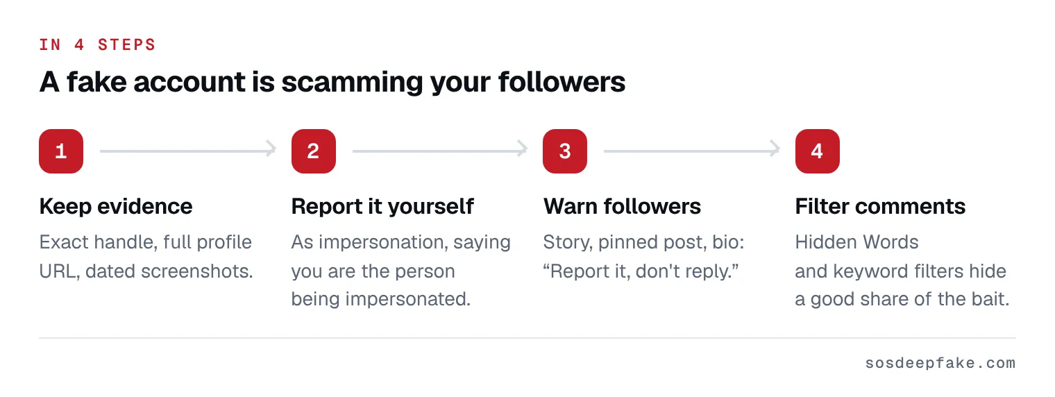 A fake account is scamming your followers. In 4 steps: 1. Keep evidence. Exact handle, full profile URL, dated screenshots. 2. Report it yourself. As impersonation, saying you are the person being impersonated. 3. Warn followers. Story, pinned post, bio: “Report it, don't reply.”. 4. Filter comments. Hidden Words and keyword filters hide a good share of the bait.