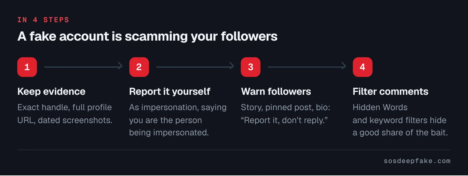 A fake account is scamming your followers. In 4 steps: 1. Keep evidence. Exact handle, full profile URL, dated screenshots. 2. Report it yourself. As impersonation, saying you are the person being impersonated. 3. Warn followers. Story, pinned post, bio: “Report it, don't reply.”. 4. Filter comments. Hidden Words and keyword filters hide a good share of the bait.