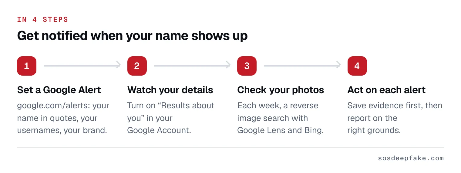 Get notified when your name shows up. In 4 steps: 1. Set a Google Alert. google.com/alerts: your name in quotes, your usernames, your brand. 2. Watch your details. Turn on “Results about you” in your Google Account. 3. Check your photos. Each week, a reverse image search with Google Lens and Bing. 4. Act on each alert. Save evidence first, then report on the right grounds.