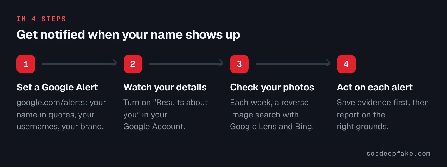 Get notified when your name shows up. In 4 steps: 1. Set a Google Alert. google.com/alerts: your name in quotes, your usernames, your brand. 2. Watch your details. Turn on “Results about you” in your Google Account. 3. Check your photos. Each week, a reverse image search with Google Lens and Bing. 4. Act on each alert. Save evidence first, then report on the right grounds.