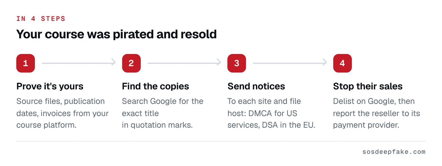 Your course was pirated and resold. In 4 steps: 1. Prove it's yours. Source files, publication dates, invoices from your course platform. 2. Find the copies. Search Google for the exact title in quotation marks. 3. Send notices. To each site and file host: DMCA for US services, DSA in the EU. 4. Stop their sales. Delist on Google, then report the reseller to its payment provider.