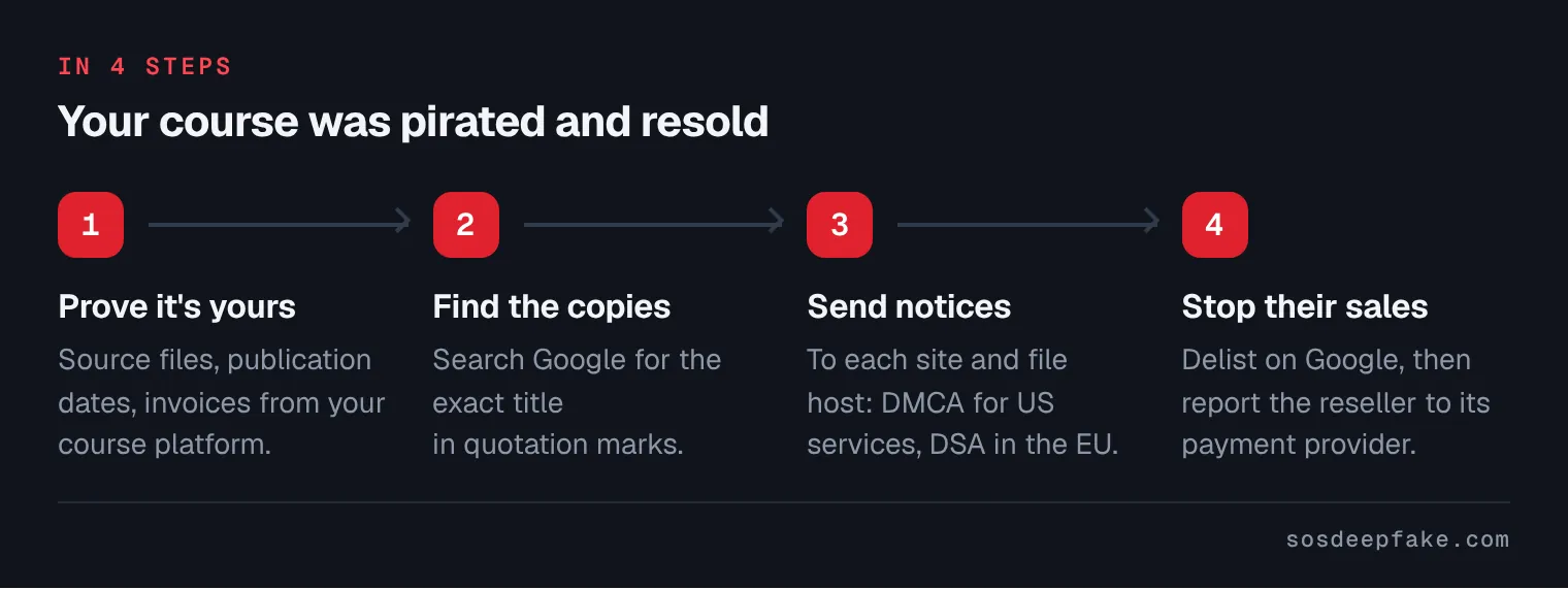 Your course was pirated and resold. In 4 steps: 1. Prove it's yours. Source files, publication dates, invoices from your course platform. 2. Find the copies. Search Google for the exact title in quotation marks. 3. Send notices. To each site and file host: DMCA for US services, DSA in the EU. 4. Stop their sales. Delist on Google, then report the reseller to its payment provider.