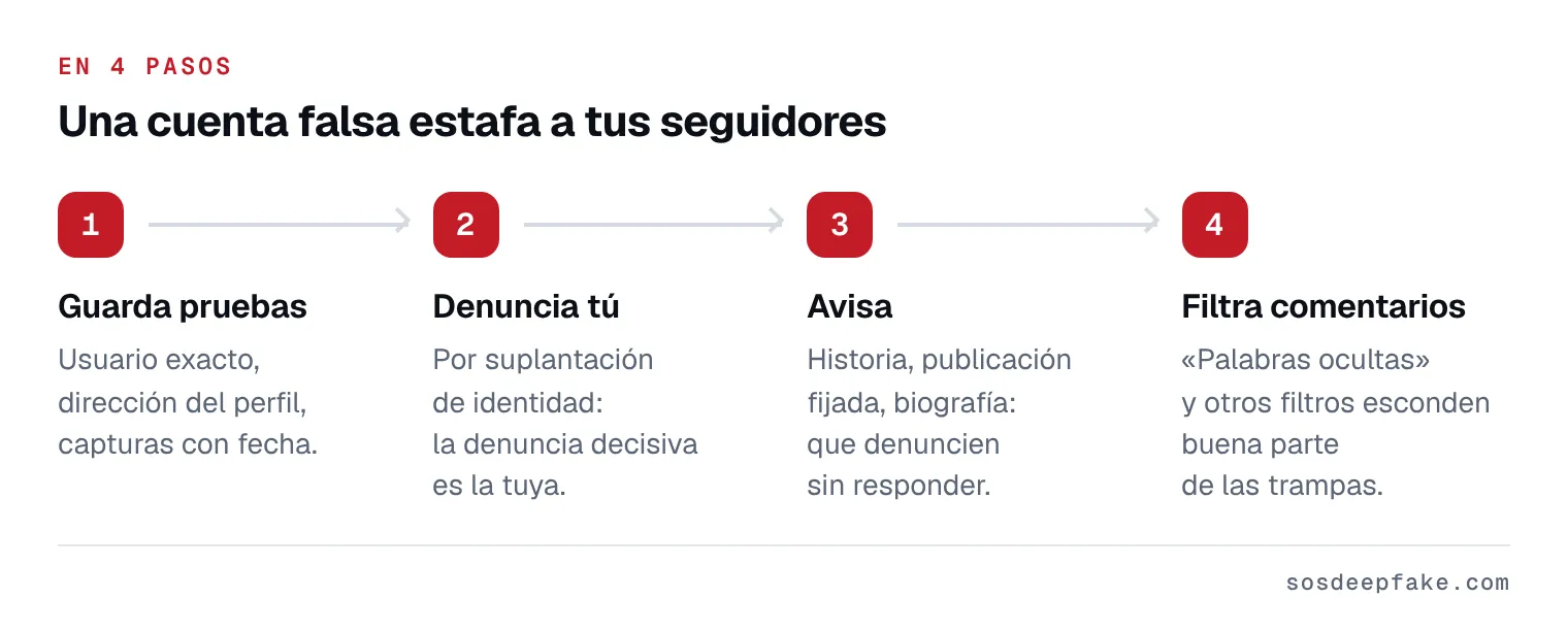 Una cuenta falsa estafa a tus seguidores. En 4 pasos: 1. Guarda pruebas. Usuario exacto, dirección del perfil, capturas con fecha. 2. Denuncia tú. Por suplantación de identidad: la denuncia decisiva es la tuya. 3. Avisa. Historia, publicación fijada, biografía: que denuncien sin responder. 4. Filtra comentarios. «Palabras ocultas» y otros filtros esconden buena parte de las trampas.