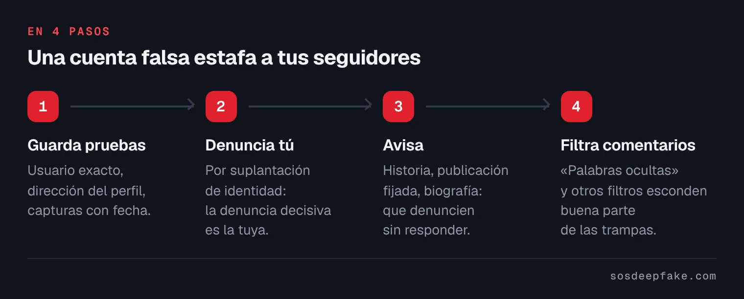 Una cuenta falsa estafa a tus seguidores. En 4 pasos: 1. Guarda pruebas. Usuario exacto, dirección del perfil, capturas con fecha. 2. Denuncia tú. Por suplantación de identidad: la denuncia decisiva es la tuya. 3. Avisa. Historia, publicación fijada, biografía: que denuncien sin responder. 4. Filtra comentarios. «Palabras ocultas» y otros filtros esconden buena parte de las trampas.