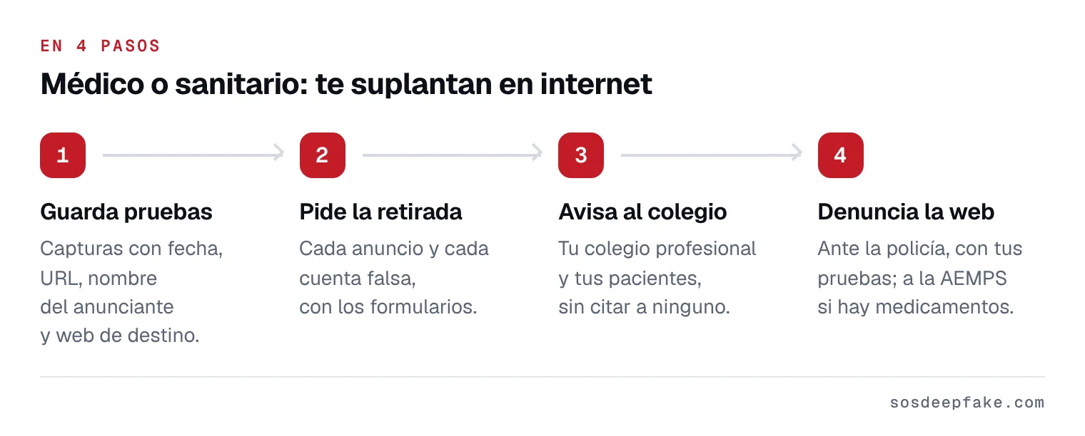 Médico o sanitario: te suplantan en internet. En 4 pasos: 1. Guarda pruebas. Capturas con fecha, URL, nombre del anunciante y web de destino. 2. Pide la retirada. Cada anuncio y cada cuenta falsa, con los formularios. 3. Avisa al colegio. Tu colegio profesional y tus pacientes, sin citar a ninguno. 4. Denuncia la web. Ante la policía, con tus pruebas; a la AEMPS si hay medicamentos.