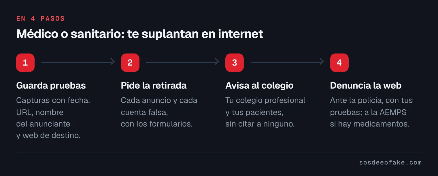 Médico o sanitario: te suplantan en internet. En 4 pasos: 1. Guarda pruebas. Capturas con fecha, URL, nombre del anunciante y web de destino. 2. Pide la retirada. Cada anuncio y cada cuenta falsa, con los formularios. 3. Avisa al colegio. Tu colegio profesional y tus pacientes, sin citar a ninguno. 4. Denuncia la web. Ante la policía, con tus pruebas; a la AEMPS si hay medicamentos.