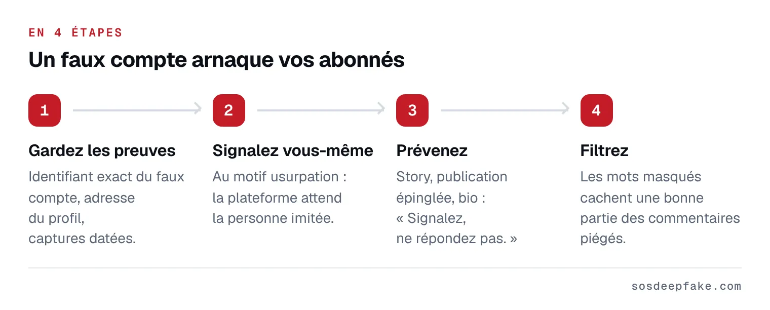 Un faux compte arnaque vos abonnés. En 4 étapes : 1. Gardez les preuves. Identifiant exact du faux compte, adresse du profil, captures datées. 2. Signalez vous-même. Au motif usurpation : la plateforme attend la personne imitée. 3. Prévenez. Story, publication épinglée, bio : « Signalez, ne répondez pas. ». 4. Filtrez. Les mots masqués cachent une bonne partie des commentaires piégés.