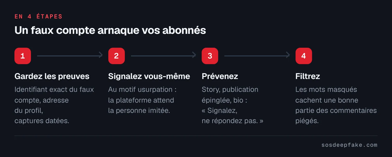 Un faux compte arnaque vos abonnés. En 4 étapes : 1. Gardez les preuves. Identifiant exact du faux compte, adresse du profil, captures datées. 2. Signalez vous-même. Au motif usurpation : la plateforme attend la personne imitée. 3. Prévenez. Story, publication épinglée, bio : « Signalez, ne répondez pas. ». 4. Filtrez. Les mots masqués cachent une bonne partie des commentaires piégés.