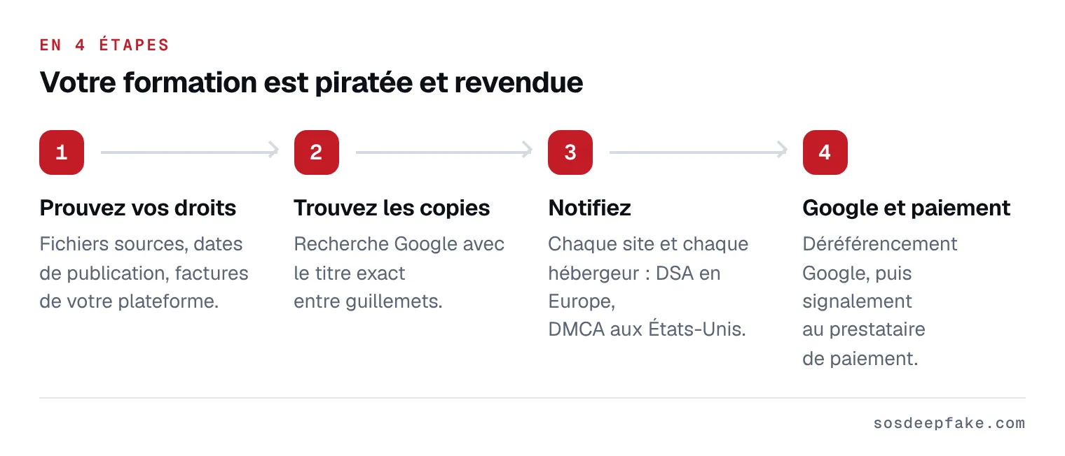 Votre formation est piratée et revendue. En 4 étapes : 1. Prouvez vos droits. Fichiers sources, dates de publication, factures de votre plateforme. 2. Trouvez les copies. Recherche Google avec le titre exact entre guillemets. 3. Notifiez. Chaque site et chaque hébergeur : DSA en Europe, DMCA aux États-Unis. 4. Google et paiement. Déréférencement Google, puis signalement au prestataire de paiement.