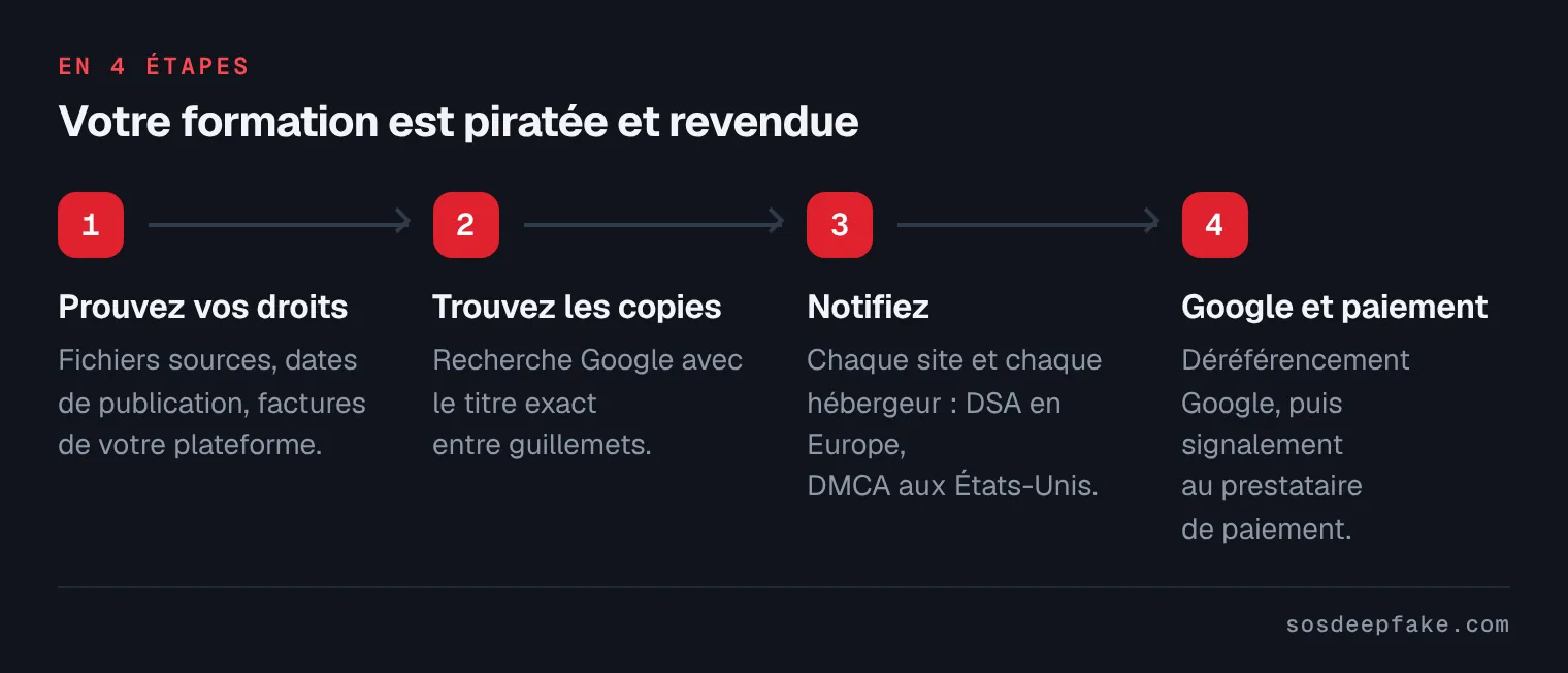 Votre formation est piratée et revendue. En 4 étapes : 1. Prouvez vos droits. Fichiers sources, dates de publication, factures de votre plateforme. 2. Trouvez les copies. Recherche Google avec le titre exact entre guillemets. 3. Notifiez. Chaque site et chaque hébergeur : DSA en Europe, DMCA aux États-Unis. 4. Google et paiement. Déréférencement Google, puis signalement au prestataire de paiement.