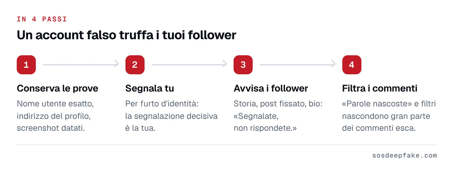 Un account falso truffa i tuoi follower. In 4 passi: 1. Conserva le prove. Nome utente esatto, indirizzo del profilo, screenshot datati. 2. Segnala tu. Per furto d'identità: la segnalazione decisiva è la tua. 3. Avvisa i follower. Storia, post fissato, bio: «Segnalate, non rispondete.». 4. Filtra i commenti. «Parole nascoste» e filtri nascondono gran parte dei commenti esca.