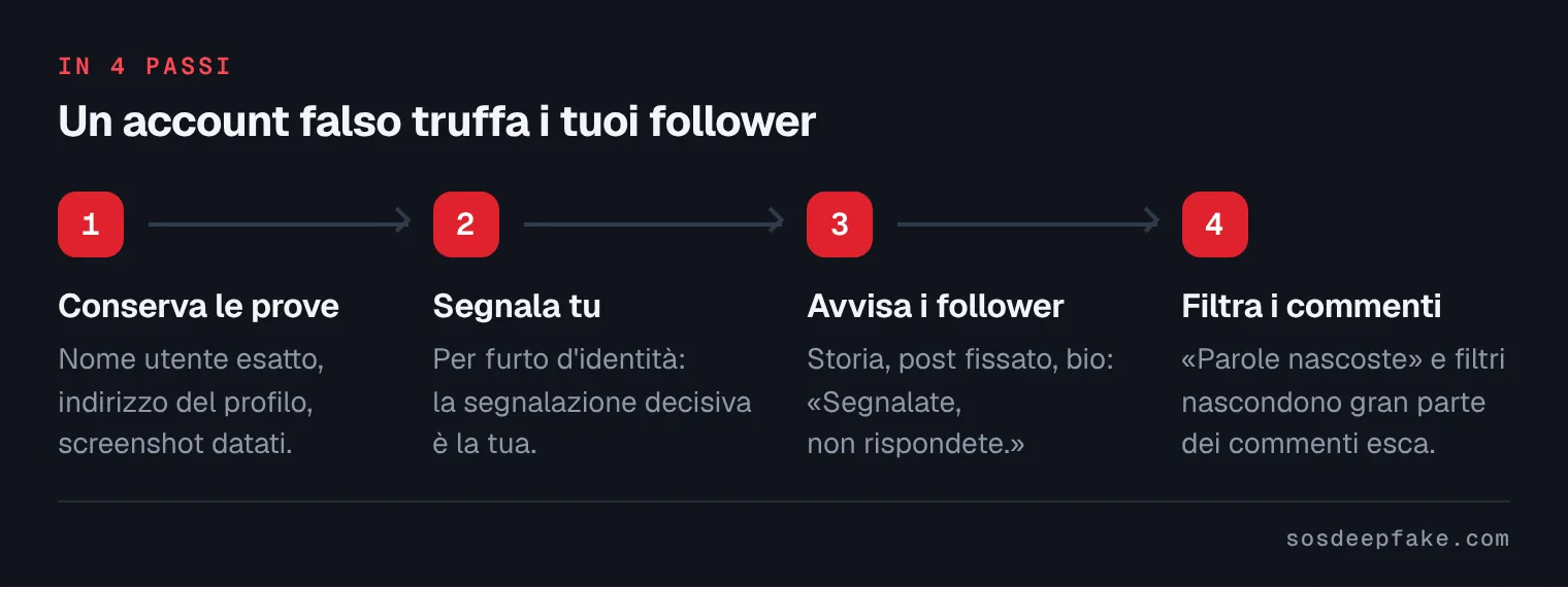 Un account falso truffa i tuoi follower. In 4 passi: 1. Conserva le prove. Nome utente esatto, indirizzo del profilo, screenshot datati. 2. Segnala tu. Per furto d'identità: la segnalazione decisiva è la tua. 3. Avvisa i follower. Storia, post fissato, bio: «Segnalate, non rispondete.». 4. Filtra i commenti. «Parole nascoste» e filtri nascondono gran parte dei commenti esca.