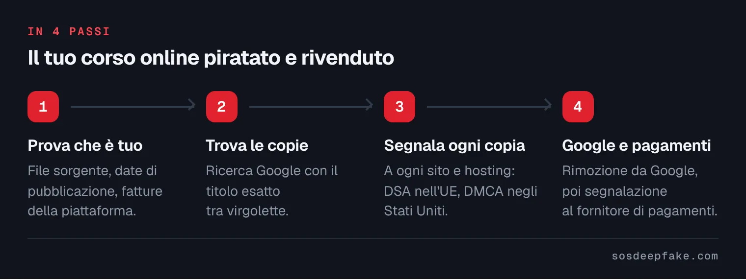Il tuo corso online piratato e rivenduto. In 4 passi: 1. Prova che è tuo. File sorgente, date di pubblicazione, fatture della piattaforma. 2. Trova le copie. Ricerca Google con il titolo esatto tra virgolette. 3. Segnala ogni copia. A ogni sito e hosting: DSA nell'UE, DMCA negli Stati Uniti. 4. Google e pagamenti. Rimozione da Google, poi segnalazione al fornitore di pagamenti.