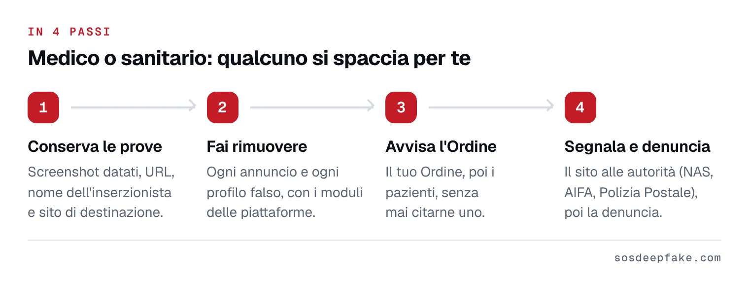 Medico o sanitario: qualcuno si spaccia per te. In 4 passi: 1. Conserva le prove. Screenshot datati, URL, nome dell'inserzionista e sito di destinazione. 2. Fai rimuovere. Ogni annuncio e ogni profilo falso, con i moduli delle piattaforme. 3. Avvisa l'Ordine. Il tuo Ordine, poi i pazienti, senza mai citarne uno. 4. Segnala e denuncia. Il sito alle autorità (NAS, AIFA, Polizia Postale), poi la denuncia.