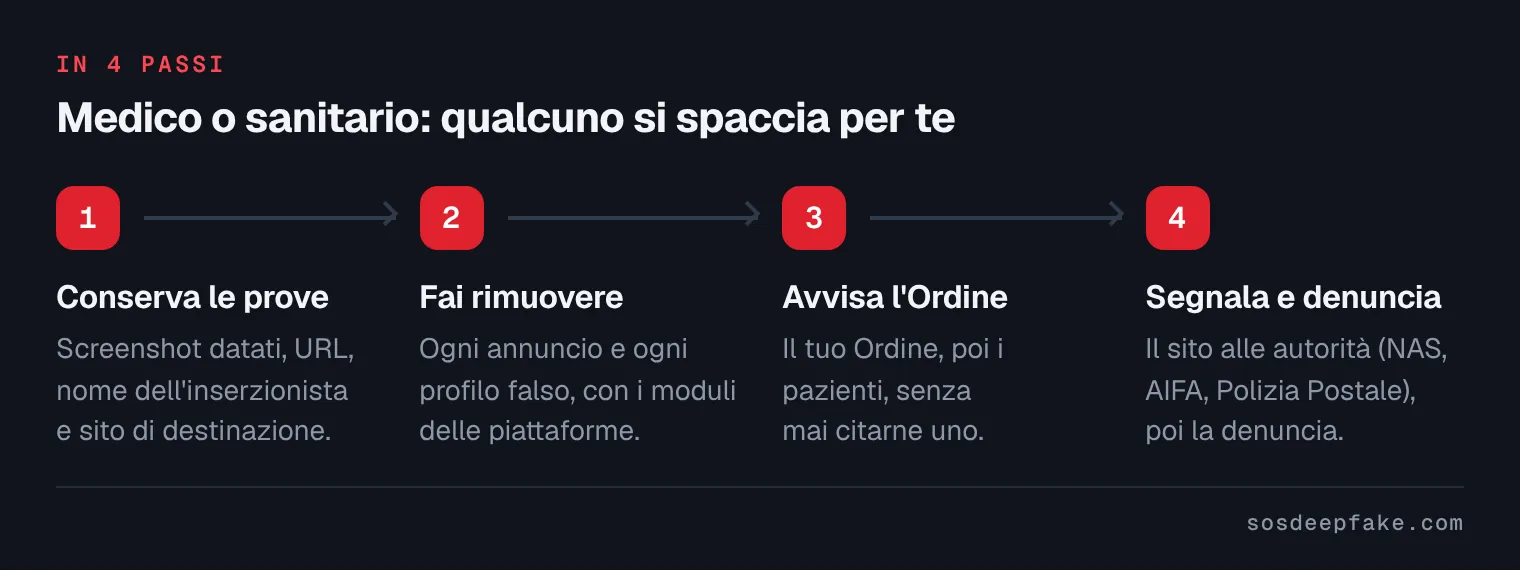 Medico o sanitario: qualcuno si spaccia per te. In 4 passi: 1. Conserva le prove. Screenshot datati, URL, nome dell'inserzionista e sito di destinazione. 2. Fai rimuovere. Ogni annuncio e ogni profilo falso, con i moduli delle piattaforme. 3. Avvisa l'Ordine. Il tuo Ordine, poi i pazienti, senza mai citarne uno. 4. Segnala e denuncia. Il sito alle autorità (NAS, AIFA, Polizia Postale), poi la denuncia.