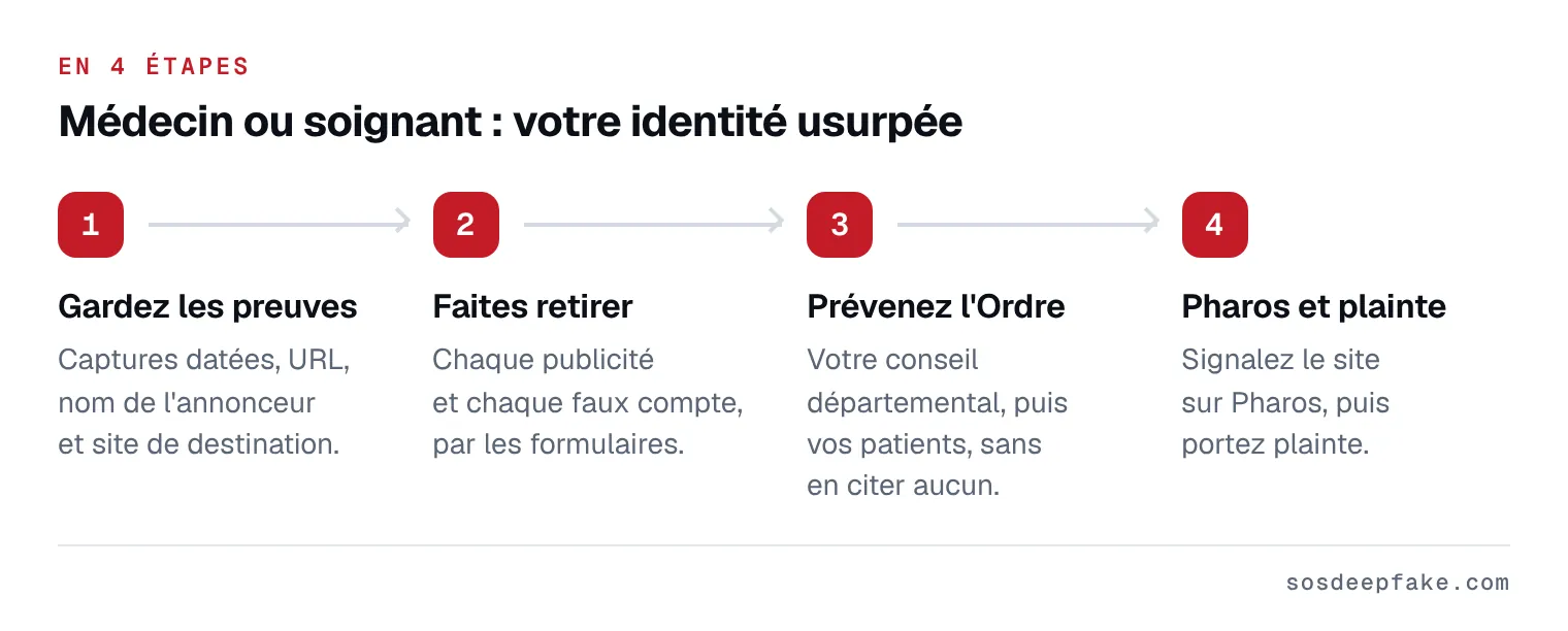 Médecin ou soignant : votre identité usurpée. En 4 étapes : 1. Gardez les preuves. Captures datées, URL, nom de l'annonceur et site de destination. 2. Faites retirer. Chaque publicité et chaque faux compte, par les formulaires. 3. Prévenez l'Ordre. Votre conseil départemental, puis vos patients, sans en citer aucun. 4. Pharos et plainte. Signalez le site sur Pharos, puis portez plainte.