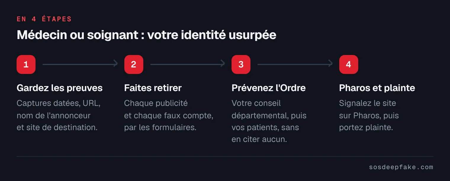 Médecin ou soignant : votre identité usurpée. En 4 étapes : 1. Gardez les preuves. Captures datées, URL, nom de l'annonceur et site de destination. 2. Faites retirer. Chaque publicité et chaque faux compte, par les formulaires. 3. Prévenez l'Ordre. Votre conseil départemental, puis vos patients, sans en citer aucun. 4. Pharos et plainte. Signalez le site sur Pharos, puis portez plainte.