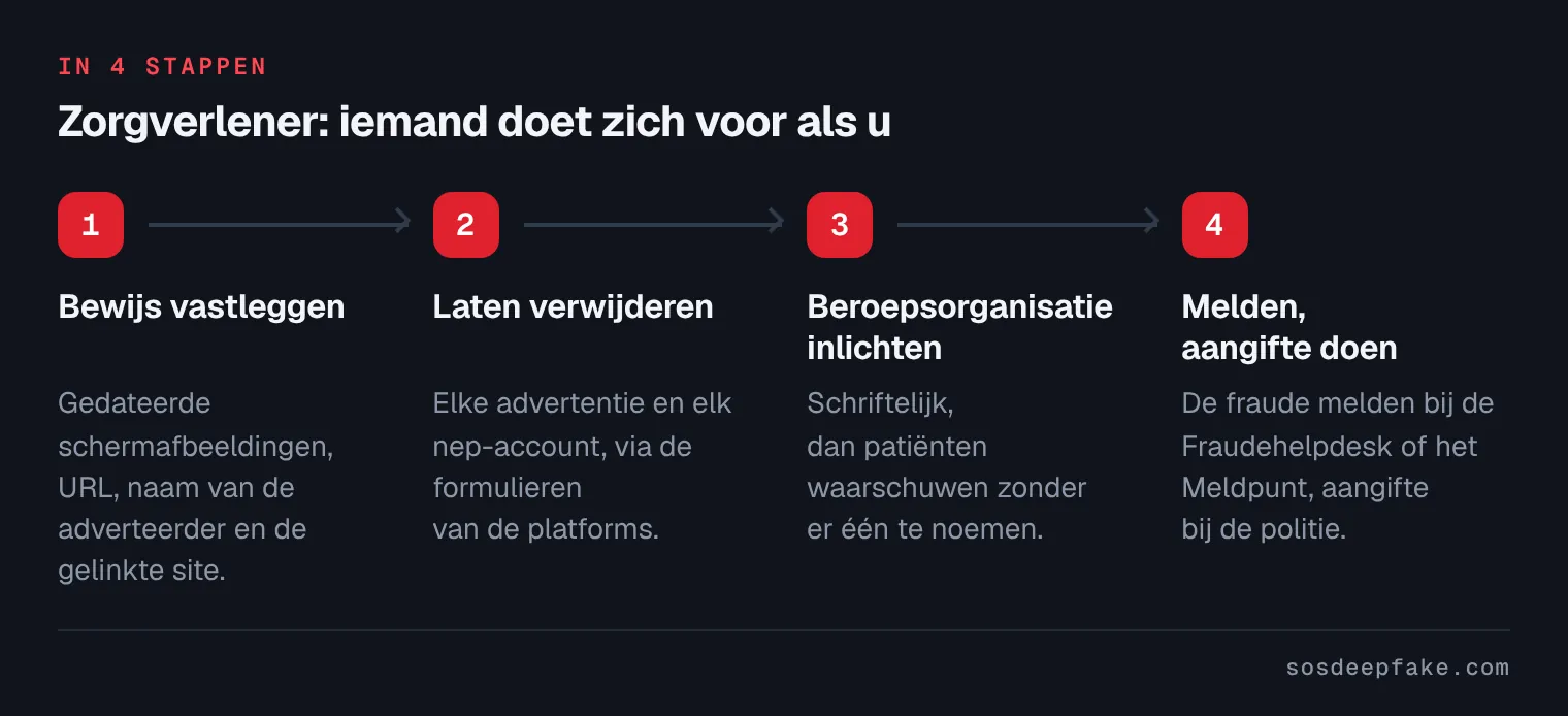 Zorgverlener: iemand doet zich voor als u. In 4 stappen: 1. Bewijs vastleggen. Gedateerde schermafbeeldingen, URL, naam van de adverteerder en de gelinkte site. 2. Laten verwijderen. Elke advertentie en elk nep-account, via de formulieren van de platforms. 3. Beroepsorganisatie inlichten. Schriftelijk, dan patiënten waarschuwen zonder er één te noemen. 4. Melden, aangifte doen. De fraude melden bij de Fraudehelpdesk of het Meldpunt, aangifte bij de politie.