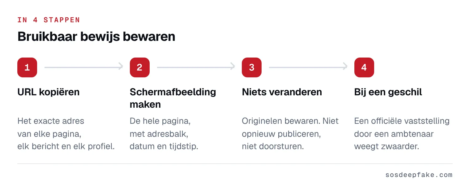 Bruikbaar bewijs bewaren. In 4 stappen: 1. URL kopiëren. Het exacte adres van elke pagina, elk bericht en elk profiel. 2. Schermafbeelding maken. De hele pagina, met adresbalk, datum en tijdstip. 3. Niets veranderen. Originelen bewaren. Niet opnieuw publiceren, niet doorsturen. 4. Bij een geschil. Een officiële vaststelling door een ambtenaar weegt zwaarder.