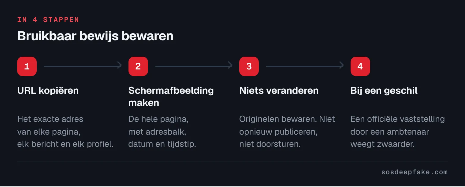 Bruikbaar bewijs bewaren. In 4 stappen: 1. URL kopiëren. Het exacte adres van elke pagina, elk bericht en elk profiel. 2. Schermafbeelding maken. De hele pagina, met adresbalk, datum en tijdstip. 3. Niets veranderen. Originelen bewaren. Niet opnieuw publiceren, niet doorsturen. 4. Bij een geschil. Een officiële vaststelling door een ambtenaar weegt zwaarder.