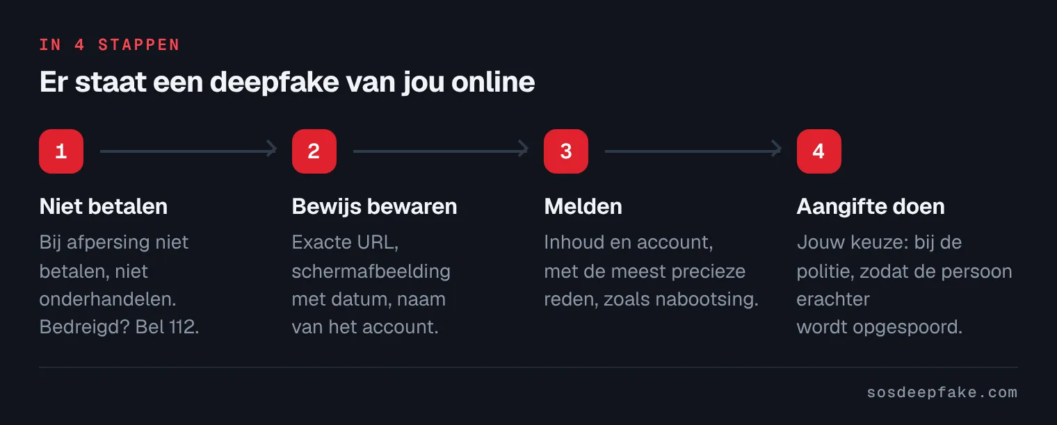 Er staat een deepfake van jou online. In 4 stappen: 1. Niet betalen. Bij afpersing niet betalen, niet onderhandelen. Bedreigd? Bel 112. 2. Bewijs bewaren. Exacte URL, schermafbeelding met datum, naam van het account. 3. Melden. Inhoud en account, met de meest precieze reden, zoals nabootsing. 4. Aangifte doen. Jouw keuze: bij de politie, zodat de persoon erachter wordt opgespoord.