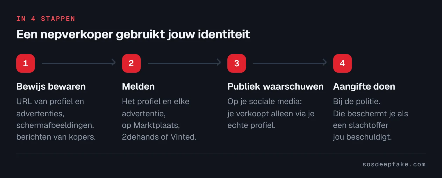 Een nepverkoper gebruikt jouw identiteit. In 4 stappen: 1. Bewijs bewaren. URL van profiel en advertenties, schermafbeeldingen, berichten van kopers. 2. Melden. Het profiel en elke advertentie, op Marktplaats, 2dehands of Vinted. 3. Publiek waarschuwen. Op je sociale media: je verkoopt alleen via je echte profiel. 4. Aangifte doen. Bij de politie. Die beschermt je als een slachtoffer jou beschuldigt.