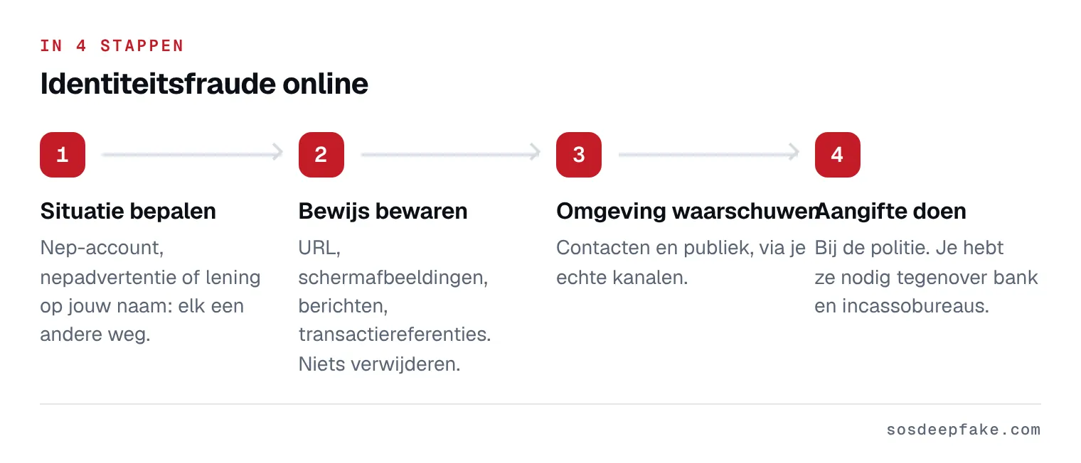 Identiteitsfraude online. In 4 stappen: 1. Situatie bepalen. Nep-account, nepadvertentie of lening op jouw naam: elk een andere weg. 2. Bewijs bewaren. URL, schermafbeeldingen, berichten, transactiereferenties. Niets verwijderen. 3. Omgeving waarschuwen. Contacten en publiek, via je echte kanalen. 4. Aangifte doen. Bij de politie. Je hebt ze nodig tegenover bank en incassobureaus.