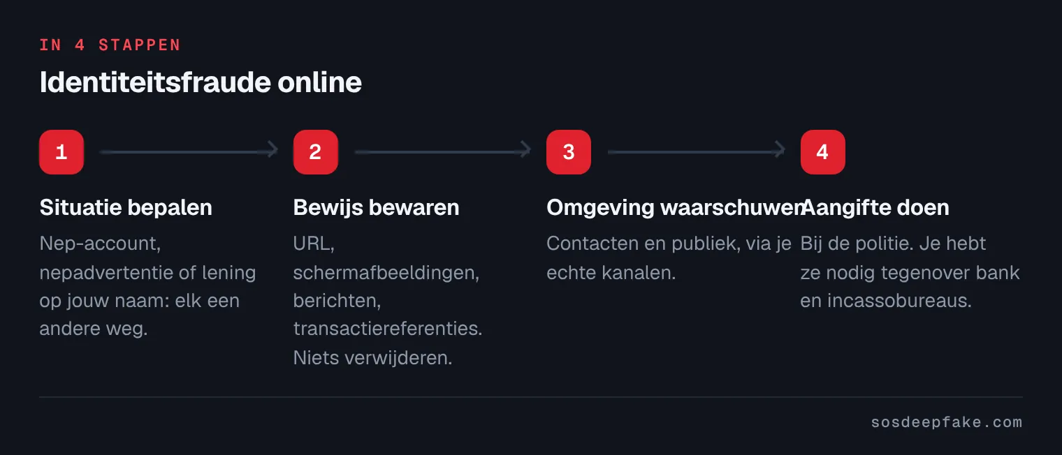 Identiteitsfraude online. In 4 stappen: 1. Situatie bepalen. Nep-account, nepadvertentie of lening op jouw naam: elk een andere weg. 2. Bewijs bewaren. URL, schermafbeeldingen, berichten, transactiereferenties. Niets verwijderen. 3. Omgeving waarschuwen. Contacten en publiek, via je echte kanalen. 4. Aangifte doen. Bij de politie. Je hebt ze nodig tegenover bank en incassobureaus.