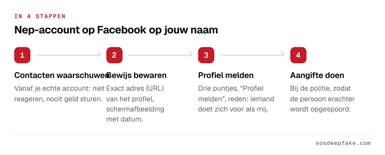 Nep-account op Facebook op jouw naam. In 4 stappen: 1. Contacten waarschuwen. Vanaf je echte account: niet reageren, nooit geld sturen. 2. Bewijs bewaren. Exact adres (URL) van het profiel, schermafbeelding met datum. 3. Profiel melden. Drie puntjes, “Profiel melden”, reden: iemand doet zich voor als mij. 4. Aangifte doen. Bij de politie, zodat de persoon erachter wordt opgespoord.