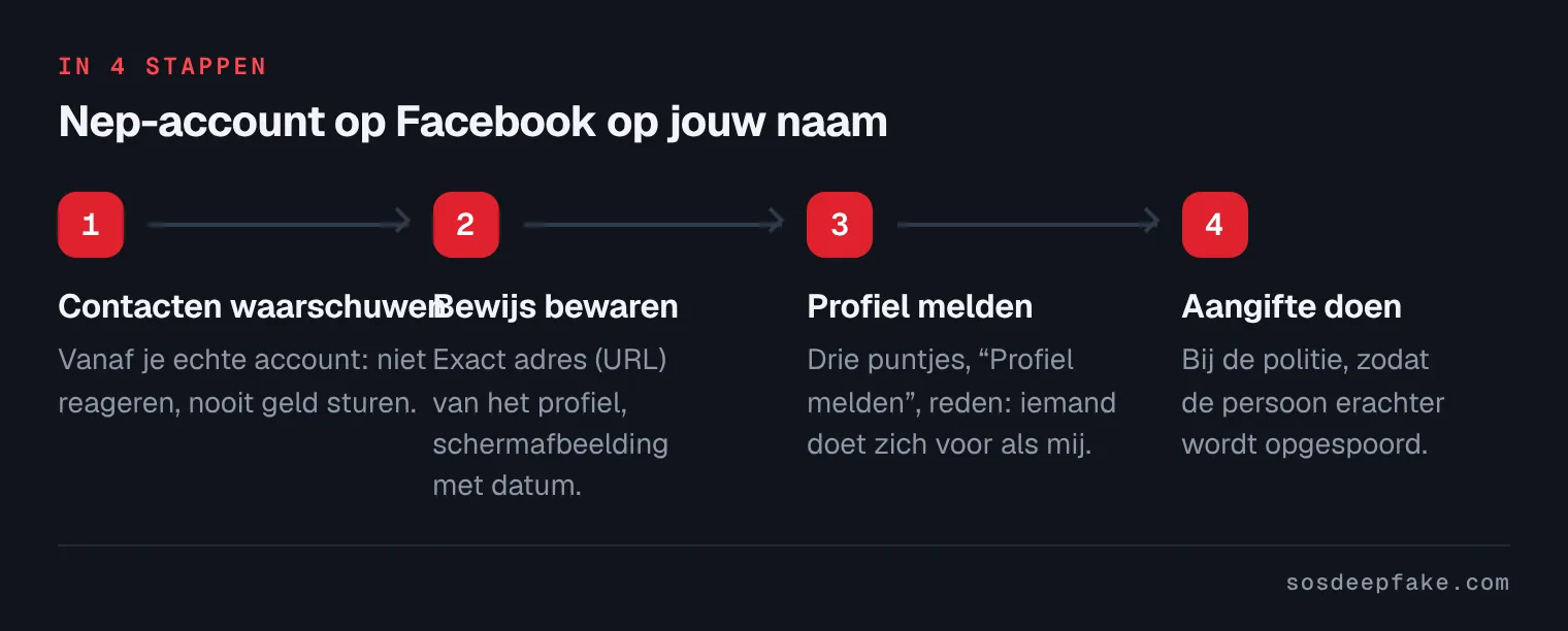 Nep-account op Facebook op jouw naam. In 4 stappen: 1. Contacten waarschuwen. Vanaf je echte account: niet reageren, nooit geld sturen. 2. Bewijs bewaren. Exact adres (URL) van het profiel, schermafbeelding met datum. 3. Profiel melden. Drie puntjes, “Profiel melden”, reden: iemand doet zich voor als mij. 4. Aangifte doen. Bij de politie, zodat de persoon erachter wordt opgespoord.