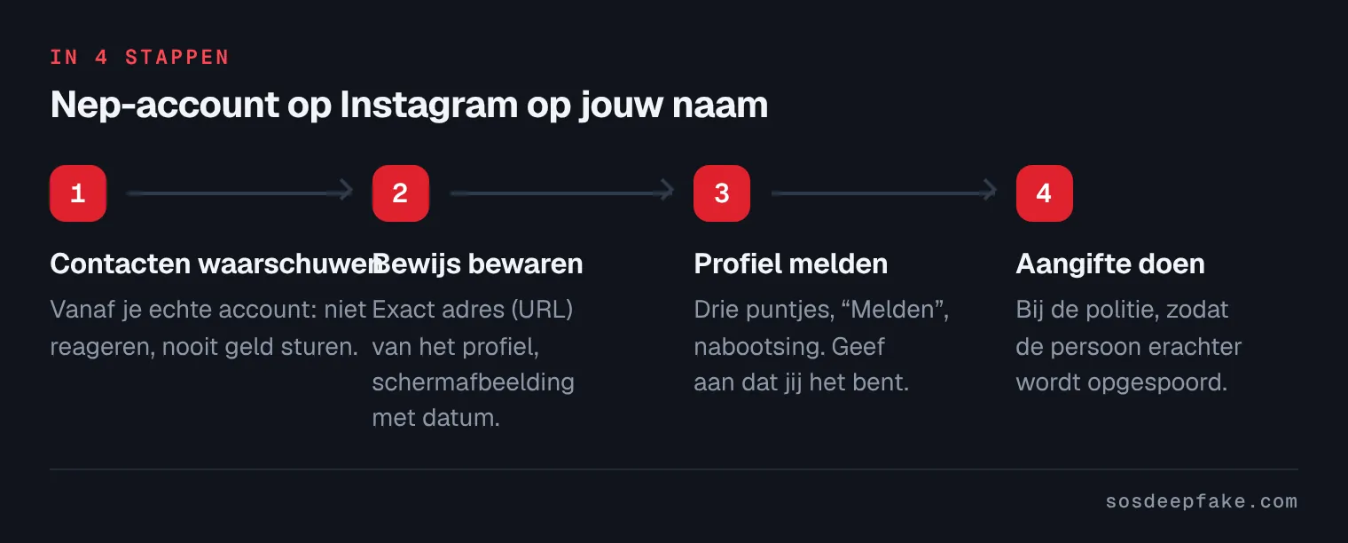 Nep-account op Instagram op jouw naam. In 4 stappen: 1. Contacten waarschuwen. Vanaf je echte account: niet reageren, nooit geld sturen. 2. Bewijs bewaren. Exact adres (URL) van het profiel, schermafbeelding met datum. 3. Profiel melden. Drie puntjes, “Melden”, nabootsing. Geef aan dat jij het bent. 4. Aangifte doen. Bij de politie, zodat de persoon erachter wordt opgespoord.