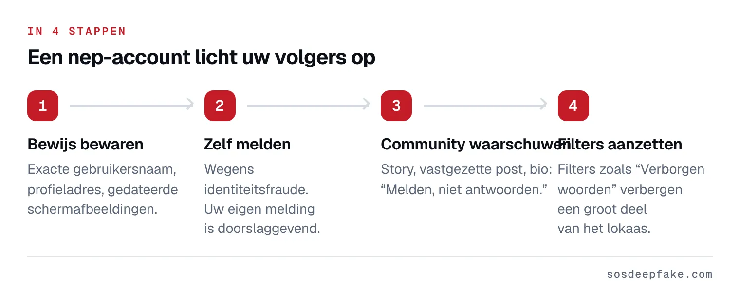 Een nep-account licht uw volgers op. In 4 stappen: 1. Bewijs bewaren. Exacte gebruikersnaam, profieladres, gedateerde schermafbeeldingen. 2. Zelf melden. Wegens identiteitsfraude. Uw eigen melding is doorslaggevend. 3. Community waarschuwen. Story, vastgezette post, bio: “Melden, niet antwoorden.”. 4. Filters aanzetten. Filters zoals “Verborgen woorden” verbergen een groot deel van het lokaas.
