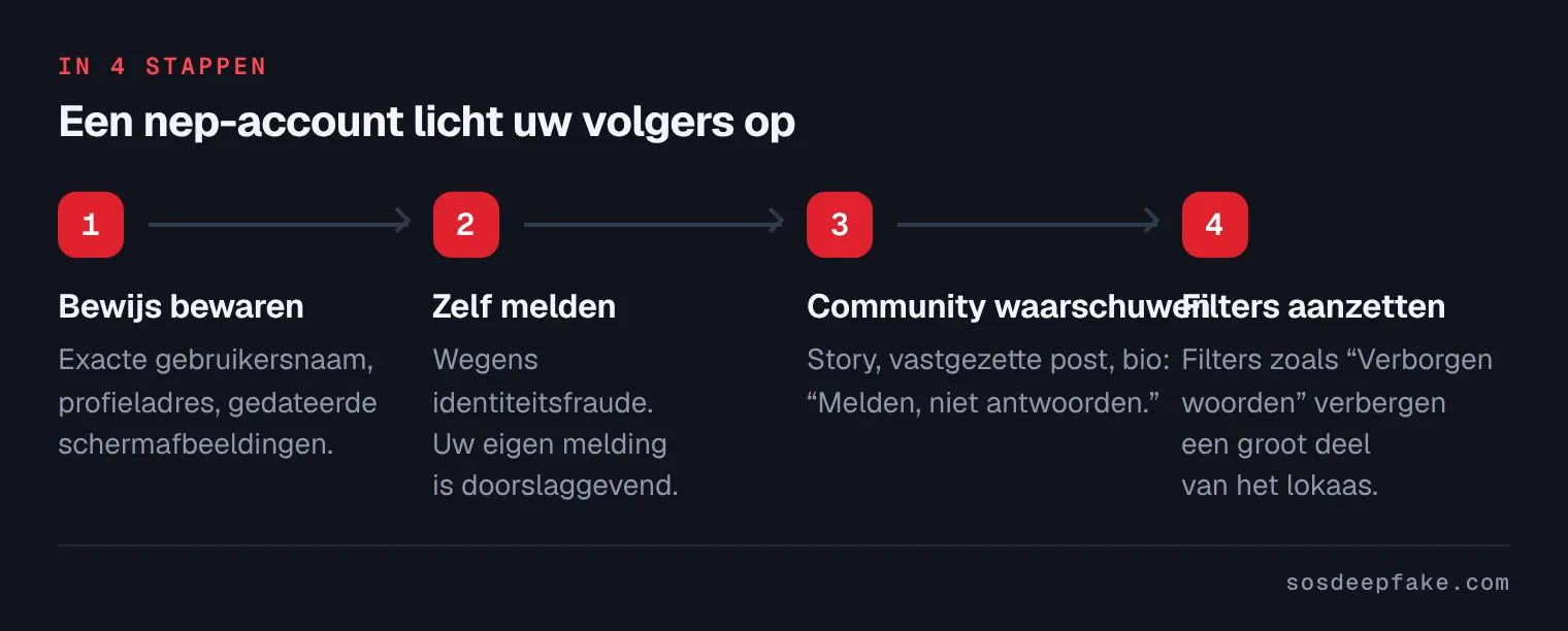 Een nep-account licht uw volgers op. In 4 stappen: 1. Bewijs bewaren. Exacte gebruikersnaam, profieladres, gedateerde schermafbeeldingen. 2. Zelf melden. Wegens identiteitsfraude. Uw eigen melding is doorslaggevend. 3. Community waarschuwen. Story, vastgezette post, bio: “Melden, niet antwoorden.”. 4. Filters aanzetten. Filters zoals “Verborgen woorden” verbergen een groot deel van het lokaas.