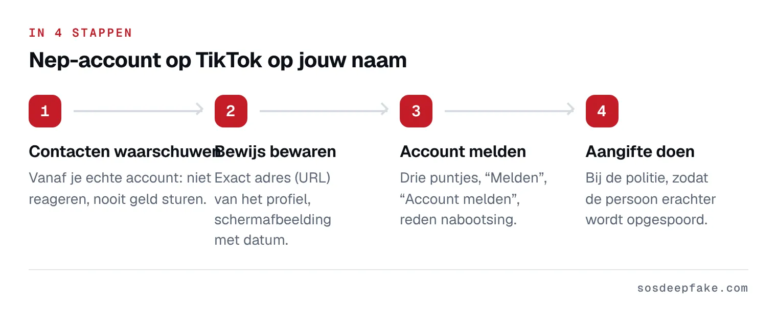 Nep-account op TikTok op jouw naam. In 4 stappen: 1. Contacten waarschuwen. Vanaf je echte account: niet reageren, nooit geld sturen. 2. Bewijs bewaren. Exact adres (URL) van het profiel, schermafbeelding met datum. 3. Account melden. Drie puntjes, “Melden”, “Account melden”, reden nabootsing. 4. Aangifte doen. Bij de politie, zodat de persoon erachter wordt opgespoord.