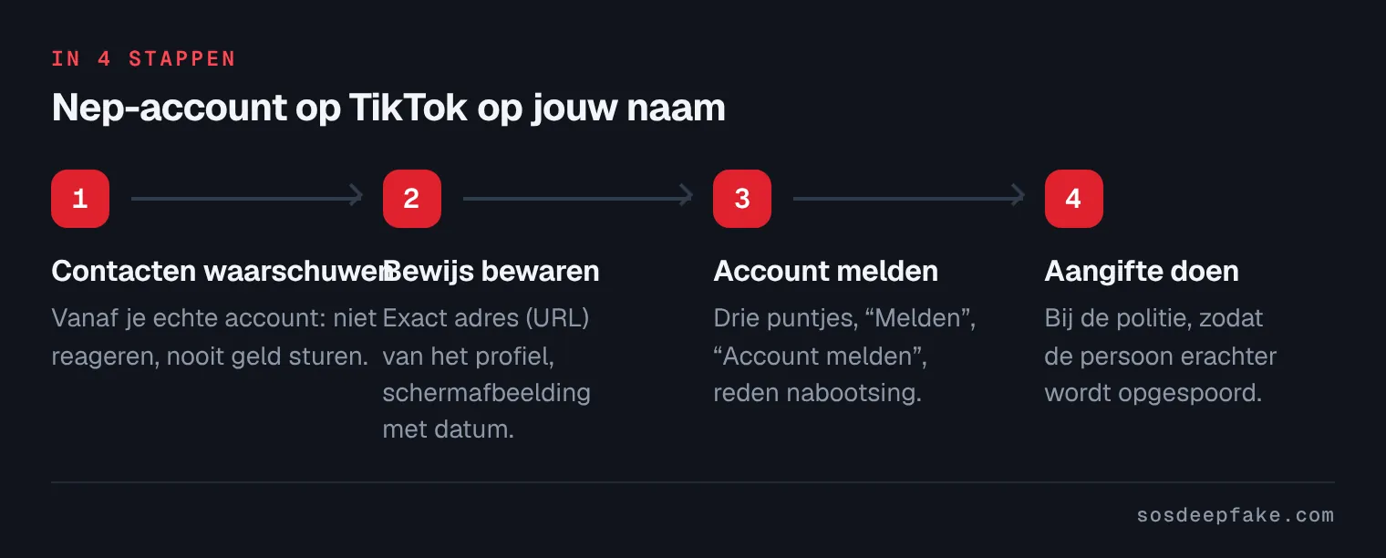 Nep-account op TikTok op jouw naam. In 4 stappen: 1. Contacten waarschuwen. Vanaf je echte account: niet reageren, nooit geld sturen. 2. Bewijs bewaren. Exact adres (URL) van het profiel, schermafbeelding met datum. 3. Account melden. Drie puntjes, “Melden”, “Account melden”, reden nabootsing. 4. Aangifte doen. Bij de politie, zodat de persoon erachter wordt opgespoord.