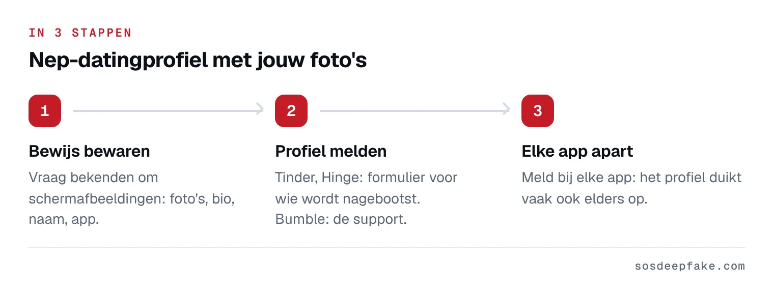 Nep-datingprofiel met jouw foto's. In 3 stappen: 1. Bewijs bewaren. Vraag bekenden om schermafbeeldingen: foto's, bio, naam, app. 2. Profiel melden. Tinder, Hinge: formulier voor wie wordt nagebootst. Bumble: de support. 3. Elke app apart. Meld bij elke app: het profiel duikt vaak ook elders op.