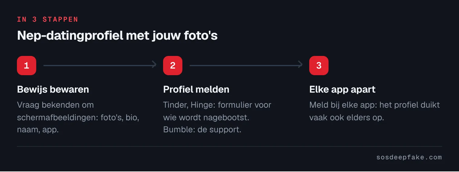 Nep-datingprofiel met jouw foto's. In 3 stappen: 1. Bewijs bewaren. Vraag bekenden om schermafbeeldingen: foto's, bio, naam, app. 2. Profiel melden. Tinder, Hinge: formulier voor wie wordt nagebootst. Bumble: de support. 3. Elke app apart. Meld bij elke app: het profiel duikt vaak ook elders op.