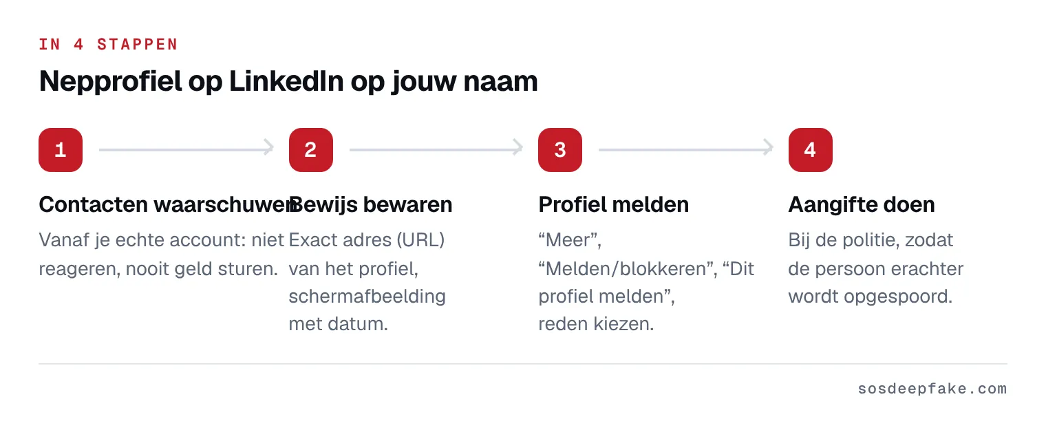 Nepprofiel op LinkedIn op jouw naam. In 4 stappen: 1. Contacten waarschuwen. Vanaf je echte account: niet reageren, nooit geld sturen. 2. Bewijs bewaren. Exact adres (URL) van het profiel, schermafbeelding met datum. 3. Profiel melden. “Meer”, “Melden/blokkeren”, “Dit profiel melden”, reden kiezen. 4. Aangifte doen. Bij de politie, zodat de persoon erachter wordt opgespoord.