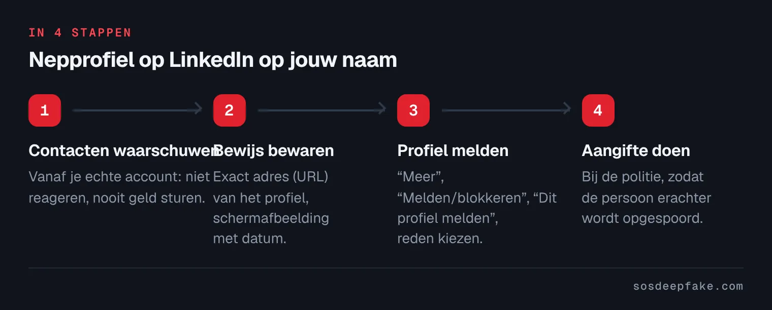 Nepprofiel op LinkedIn op jouw naam. In 4 stappen: 1. Contacten waarschuwen. Vanaf je echte account: niet reageren, nooit geld sturen. 2. Bewijs bewaren. Exact adres (URL) van het profiel, schermafbeelding met datum. 3. Profiel melden. “Meer”, “Melden/blokkeren”, “Dit profiel melden”, reden kiezen. 4. Aangifte doen. Bij de politie, zodat de persoon erachter wordt opgespoord.