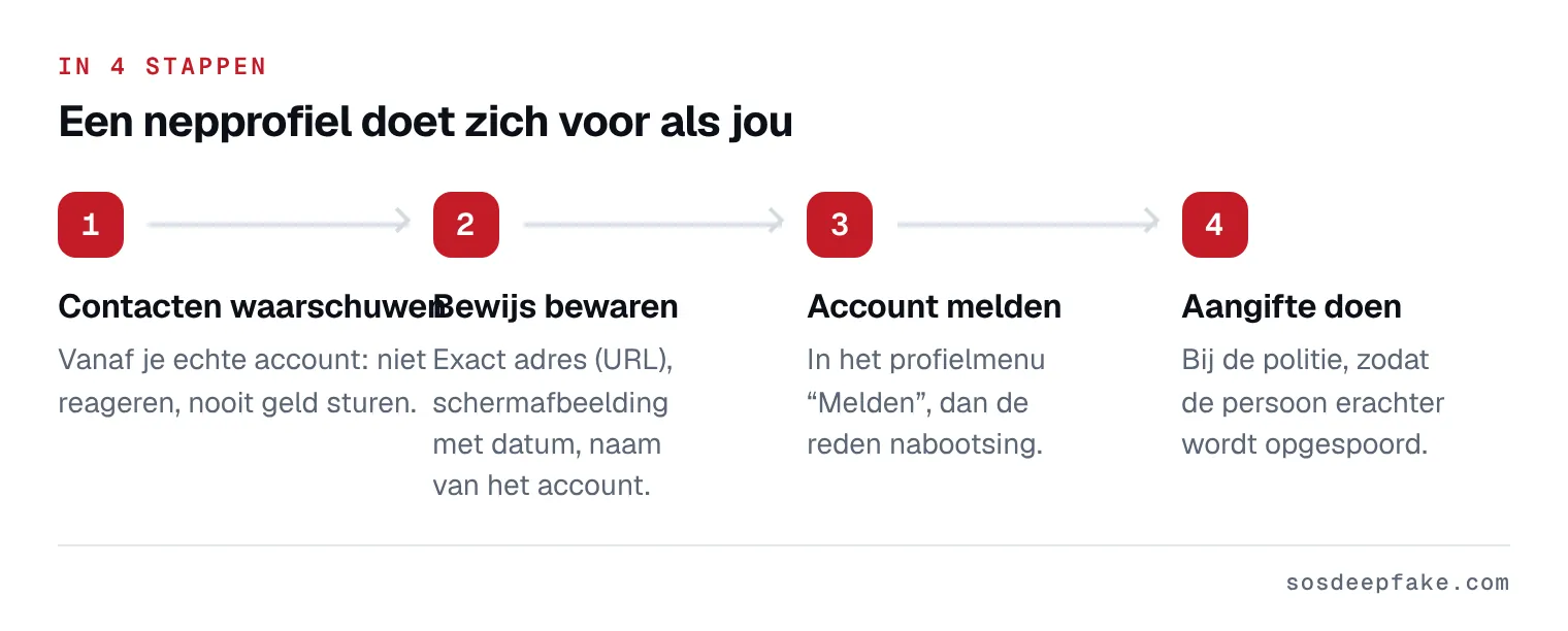 Een nepprofiel doet zich voor als jou. In 4 stappen: 1. Contacten waarschuwen. Vanaf je echte account: niet reageren, nooit geld sturen. 2. Bewijs bewaren. Exact adres (URL), schermafbeelding met datum, naam van het account. 3. Account melden. In het profielmenu “Melden”, dan de reden nabootsing. 4. Aangifte doen. Bij de politie, zodat de persoon erachter wordt opgespoord.