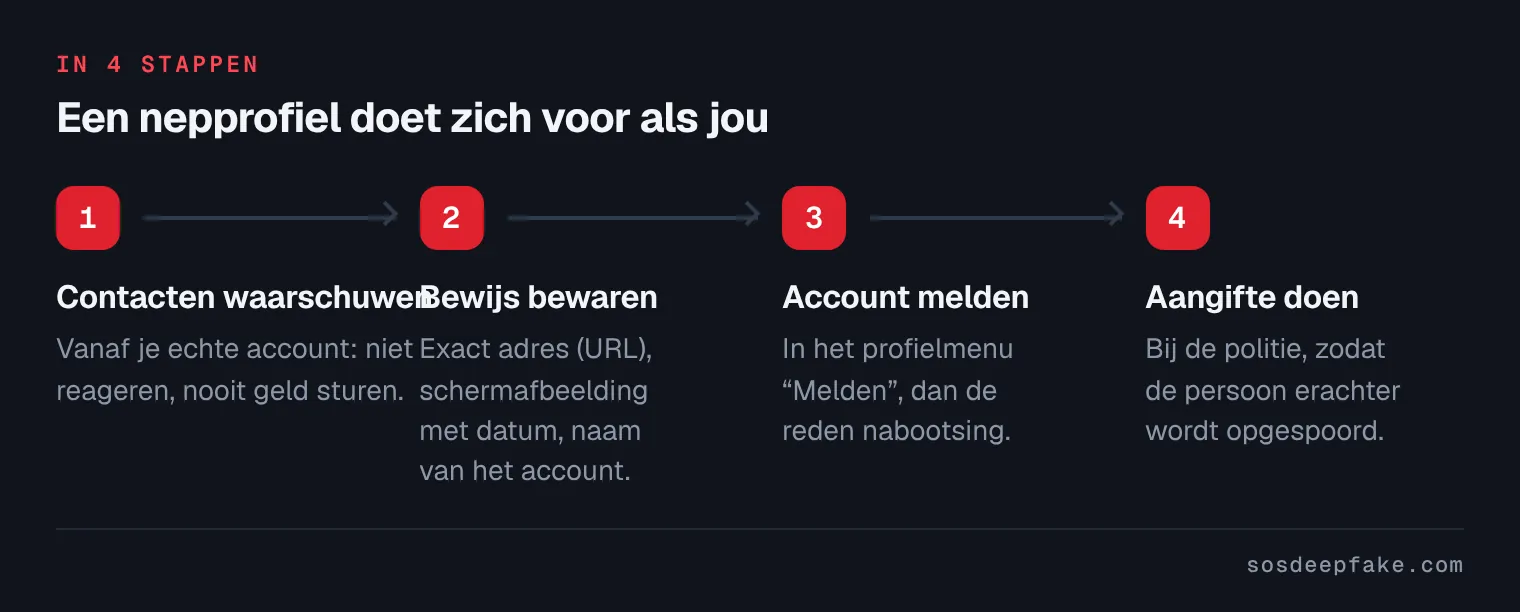 Een nepprofiel doet zich voor als jou. In 4 stappen: 1. Contacten waarschuwen. Vanaf je echte account: niet reageren, nooit geld sturen. 2. Bewijs bewaren. Exact adres (URL), schermafbeelding met datum, naam van het account. 3. Account melden. In het profielmenu “Melden”, dan de reden nabootsing. 4. Aangifte doen. Bij de politie, zodat de persoon erachter wordt opgespoord.