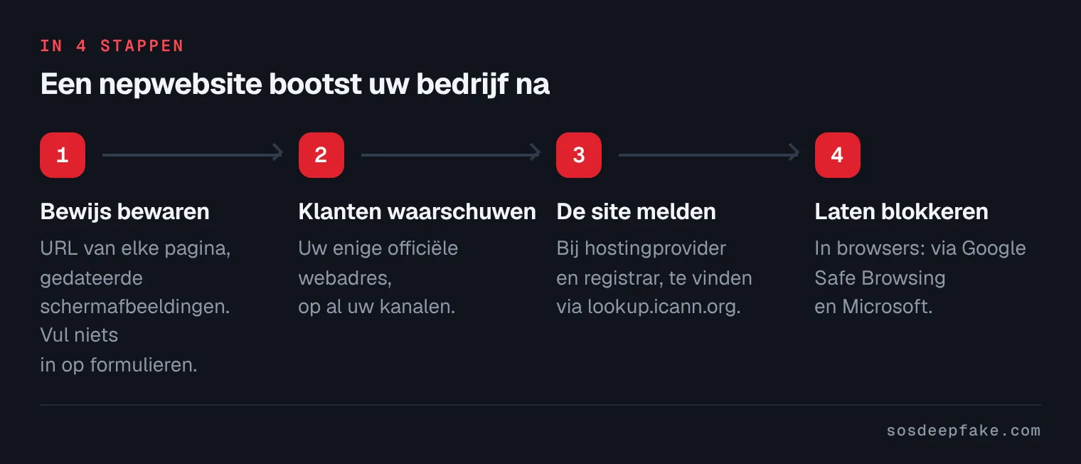 Een nepwebsite bootst uw bedrijf na. In 4 stappen: 1. Bewijs bewaren. URL van elke pagina, gedateerde schermafbeeldingen. Vul niets in op formulieren. 2. Klanten waarschuwen. Uw enige officiële webadres, op al uw kanalen. 3. De site melden. Bij hostingprovider en registrar, te vinden via lookup.icann.org. 4. Laten blokkeren. In browsers: via Google Safe Browsing en Microsoft.